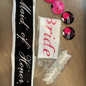 Bachelorette party accessories . Maid of honor sash , bride to be sash , garter